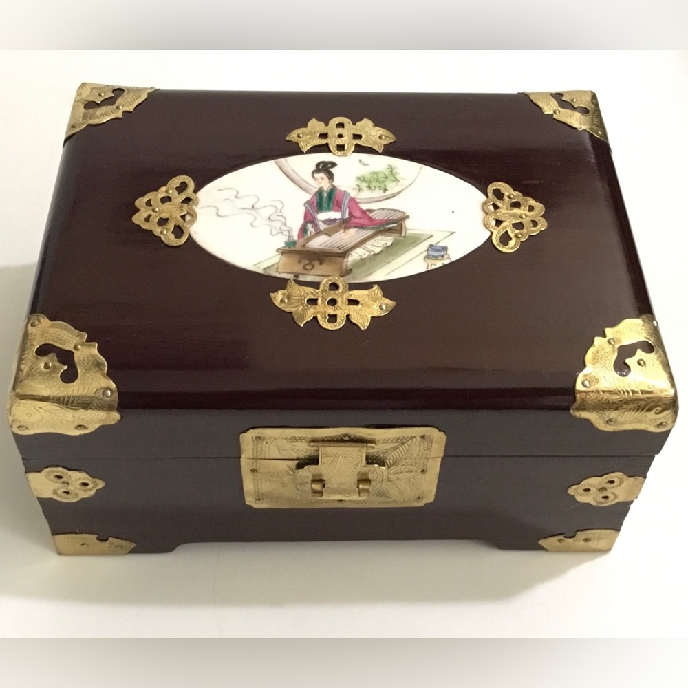 Chinese rosewood and brass jewelry chest box